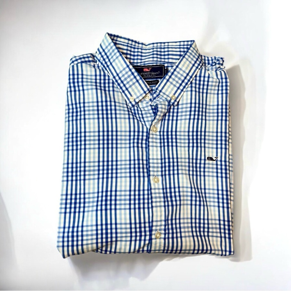 Vineyard Vines Slim Fit Whale Button Down Shirt Blue White Plaid 2XL